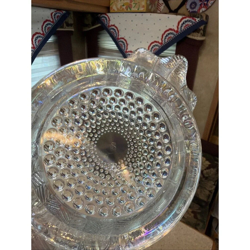 LE Smith Clear Glass Feather Pattern Basket Scalloped Edge Applied Handle. 13.5”